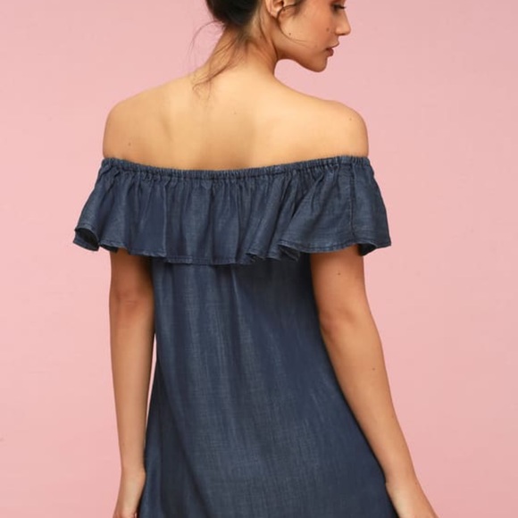 Lulu’s off the shoulder dark chambray mini dress NWT - Picture 6 of 7